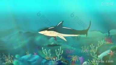 大鲨鱼在海洋中游泳全彩色手工高清动画